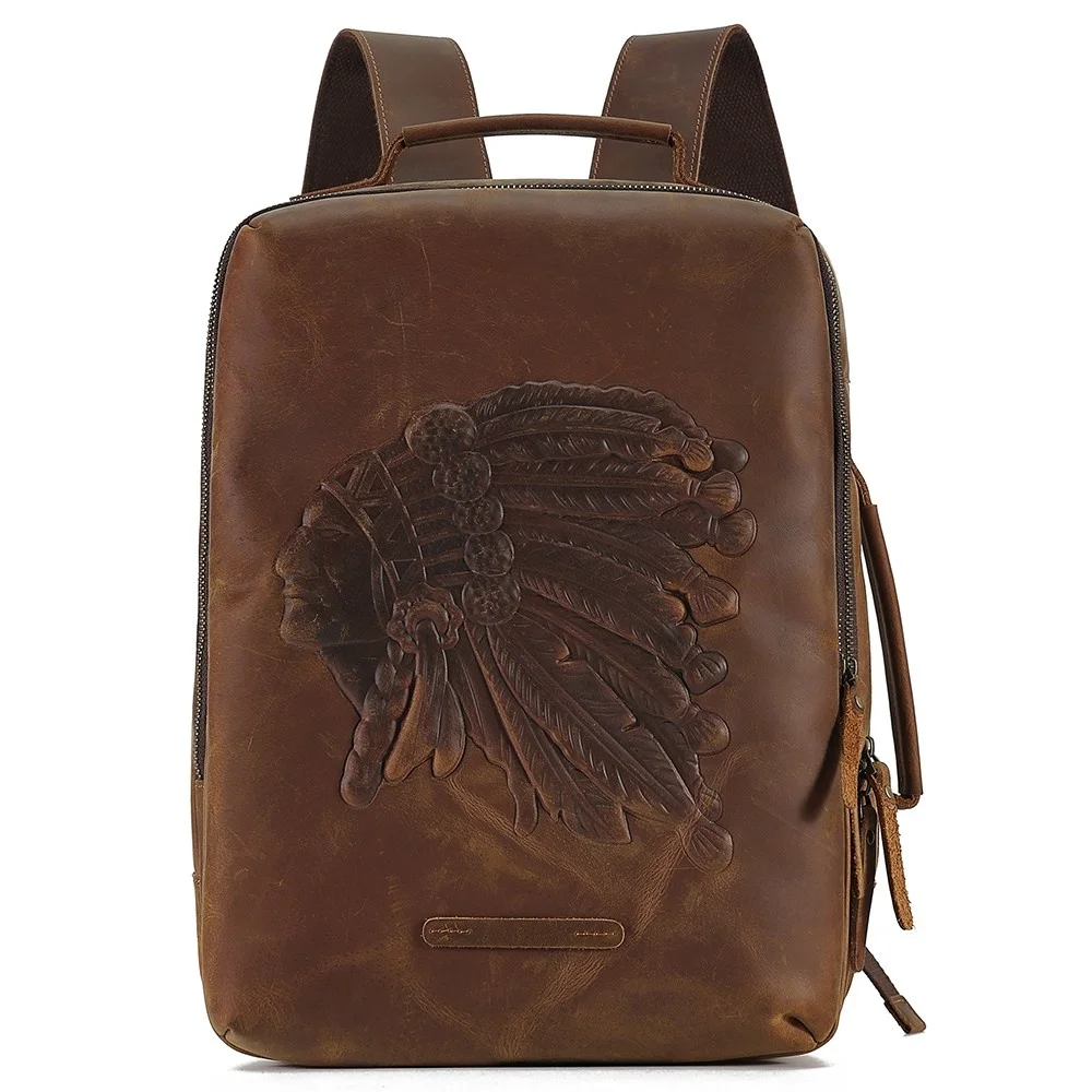 

Genuine Leather Men's Backpack for 14" Laptop Rucksack Crazy Horse Leather Men Schoolbag Retro Embossing Travel Backpack