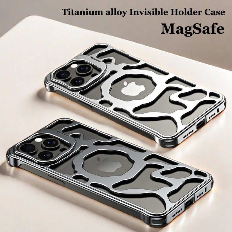 

Titanium Aluminum alloy Case For iPhone 15 14 13 Pro Max Metal Magnetic MagSafe Holder Cloud cooling framework Protective cover