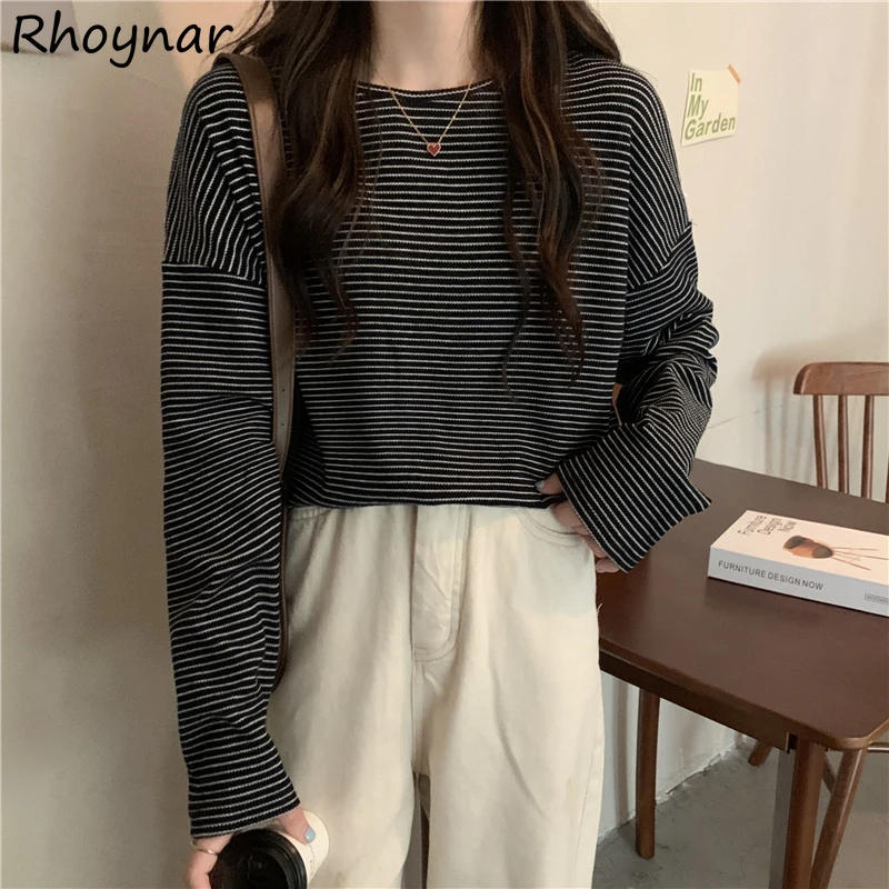 

Футболка женская с длинным рукавом, повседневная универсальная Свободная рубашка в полоску, с напуском, в Корейском стиле, Ulzzang