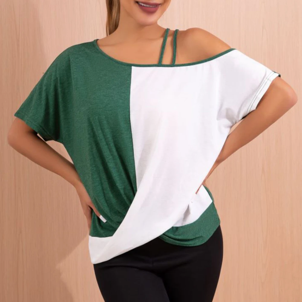 

Women Colorblock Cold Shoulder Shirt Summer Short Sleeve Blouse Loose Tunic Tops Fashion Clothing 2024