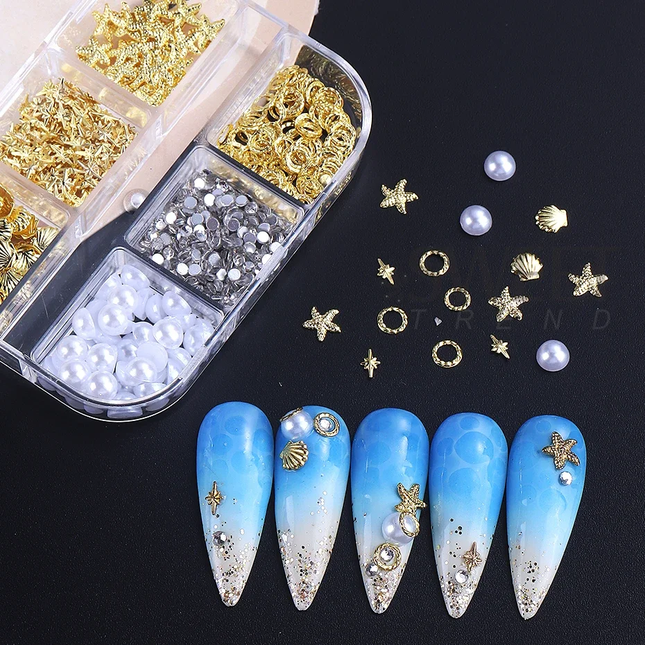 1 Box Mixed 3D Golden Summer Ocean Nail Accessories Shells/Seahorses/Starfish/White Pearl  DIY Nail Rhinestone Charm Decoration