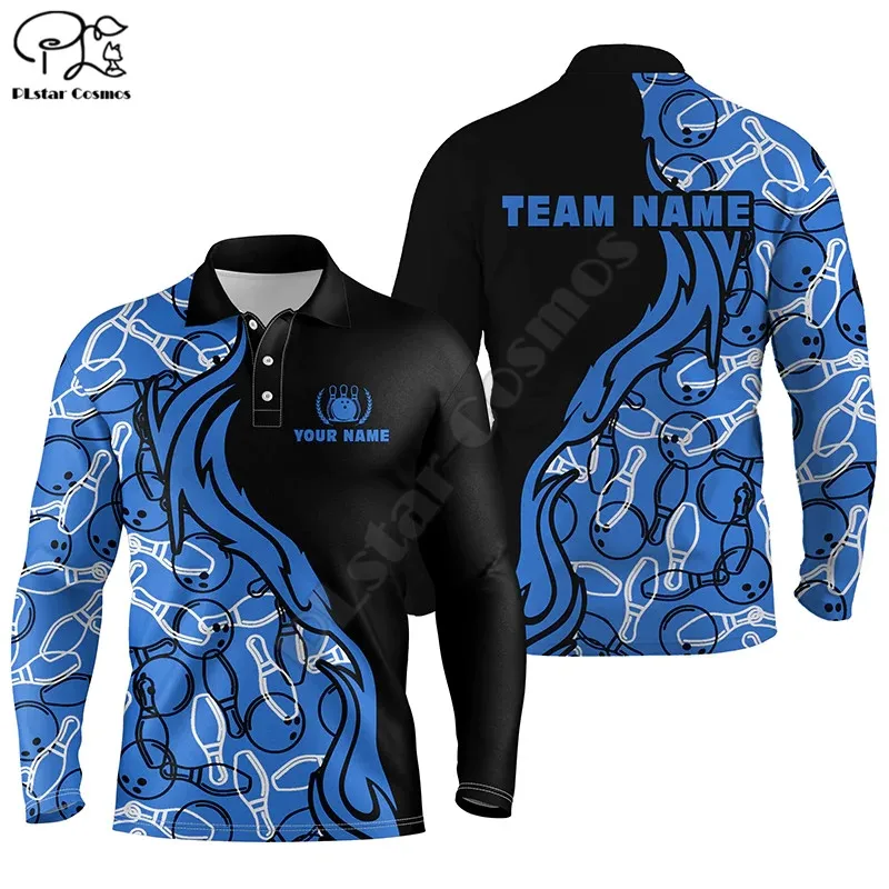 

Black and blue pattern bowling polo shirts men custom team bowling jerseys for men bowlers 3D Printed Long sleeved Polo Shirts