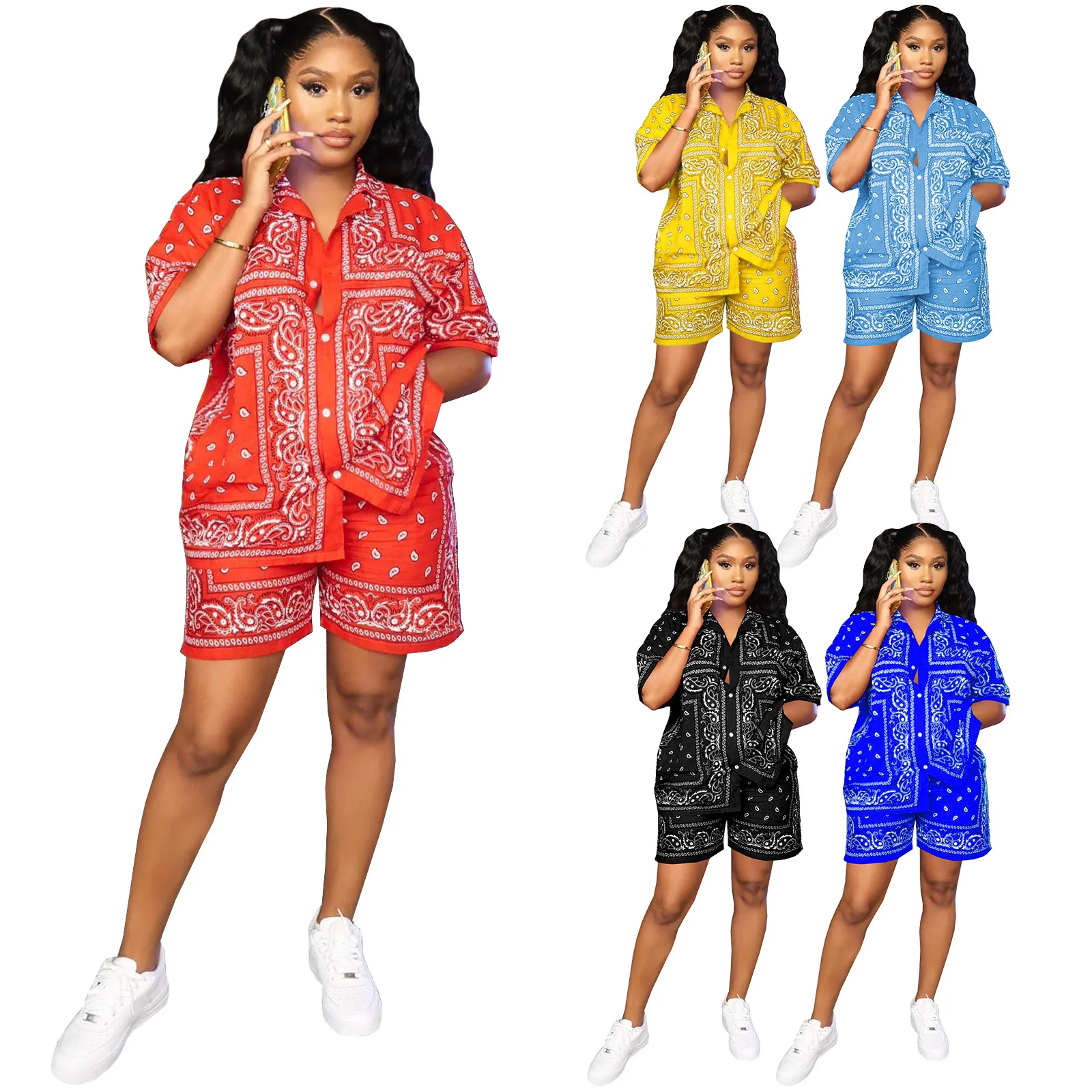 Fashion Paisley Bandana Print 2 Two Piece Sets Women Tracksuit Short Sleeve Shirt + Shorts Sets Female Outfits Matching Set