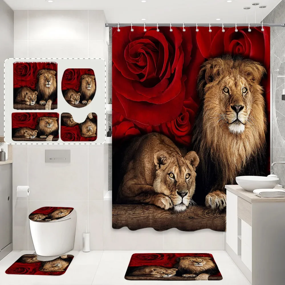 

Red Rose and Lion Shower Curtain Set Non-Slip Rugs Toilet Lid Cover and Bath Mat Shower Curtain Durable Waterproof Bathroom Set