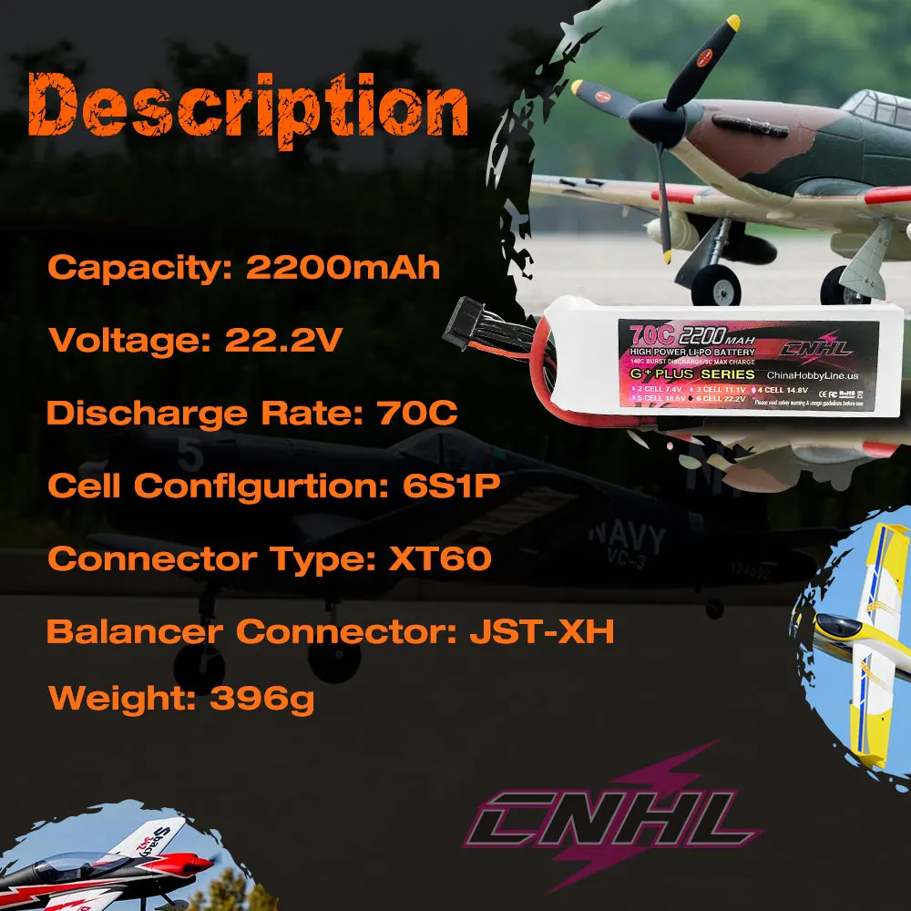 2pcs CNHL 6S Lipo Battery 2200mAh 22.2V 70C With XT60 Plug For RC Airplane Quadcopter Helicopter Drone FPV Car Boat Racing Hobby 2