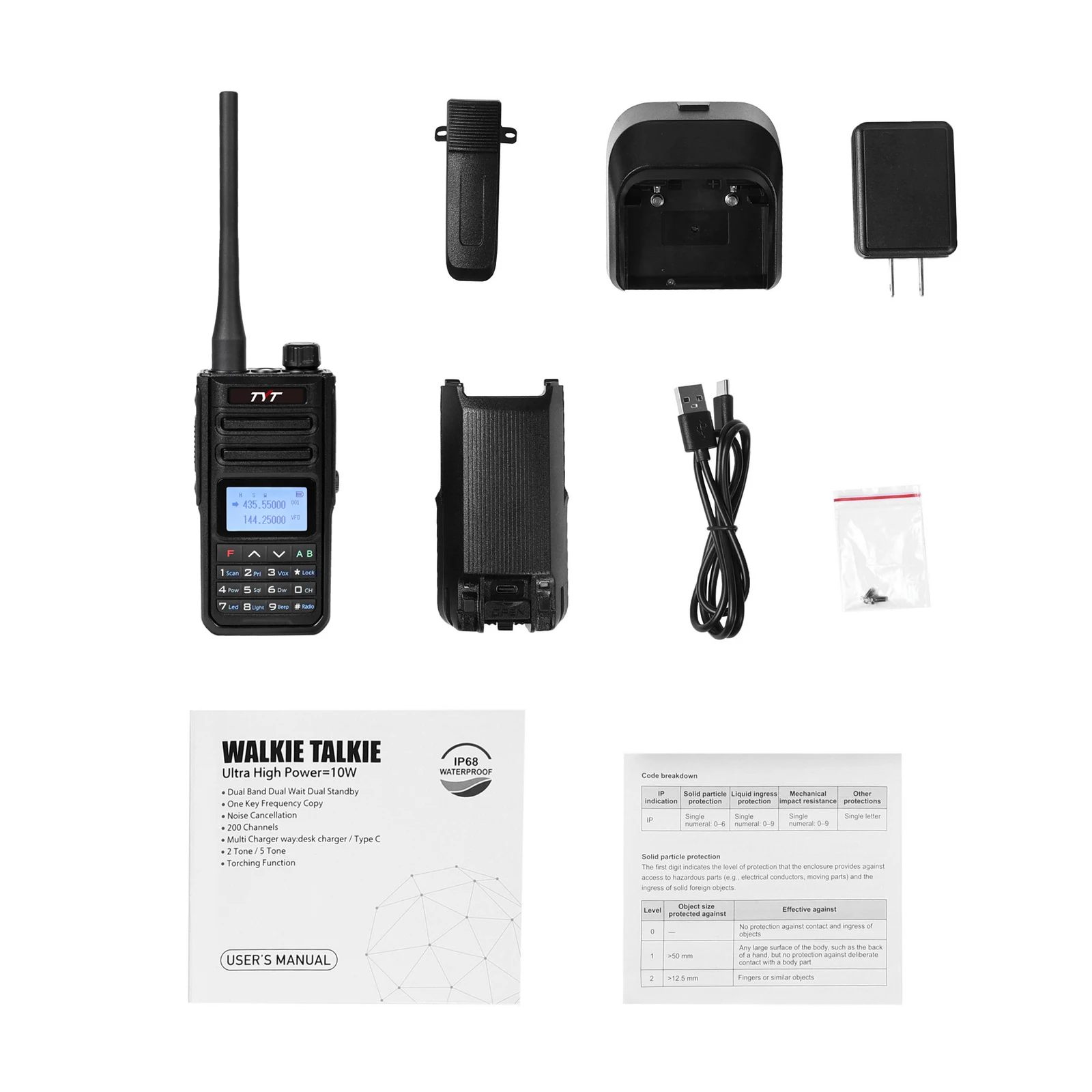 TYT TH-UV58 IP68 Waterproof 10W Power UHF VHF Walkie Talkie 3200mAh Battery USB Type-C Charging Support 200 CH Radio TYT TH UV99 6