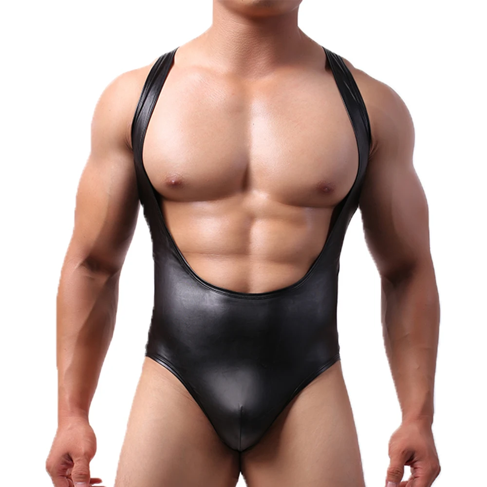 Mens Faux Leather Bodysuit Sexy One-piece Suspender Jumpsuits Leather Catsuit Gay Jockstrap Wrestling Singlet Leotard Underwear