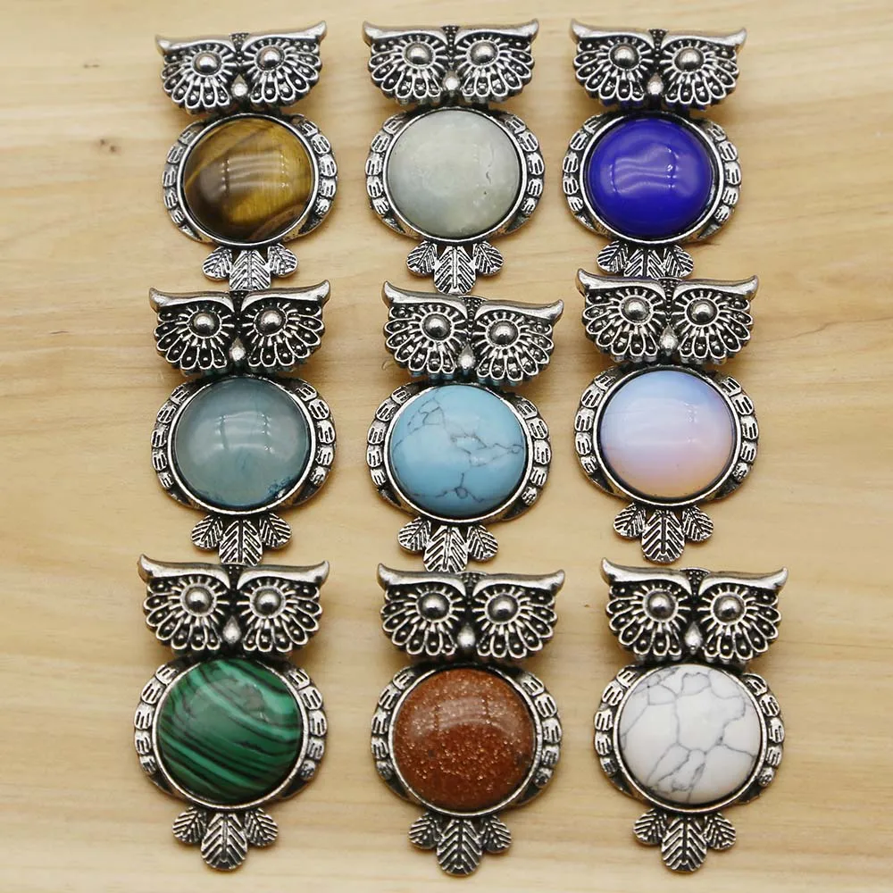 New Natural Semi Precious Stone Vintage Copper Plated Owl Cute Onyx Opal Pendant Charm Fashion DIY Jewelry Making Wholesale12Pcs