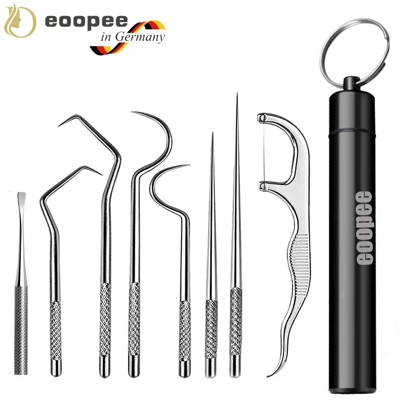 Black Tooth Pick Stainless Steel 8PCS Reusable Toothpick Set Flossing Keychain Teeth Cleaning Beauty Tools for Home Outdoor dental floss