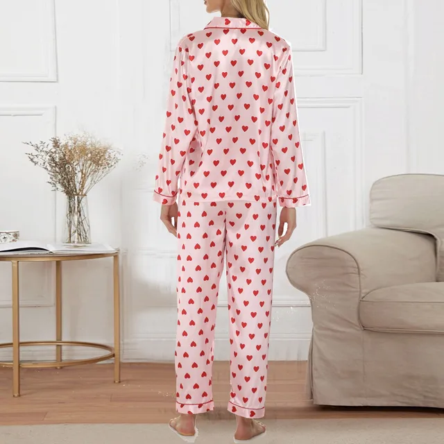 Women Satin Pajamas Cozy Lounge Set Winter Long Sleeve Buttons Lapel Top & Pants Loungewear 2 Piece Sleepwear Button-Down Pj Set 2