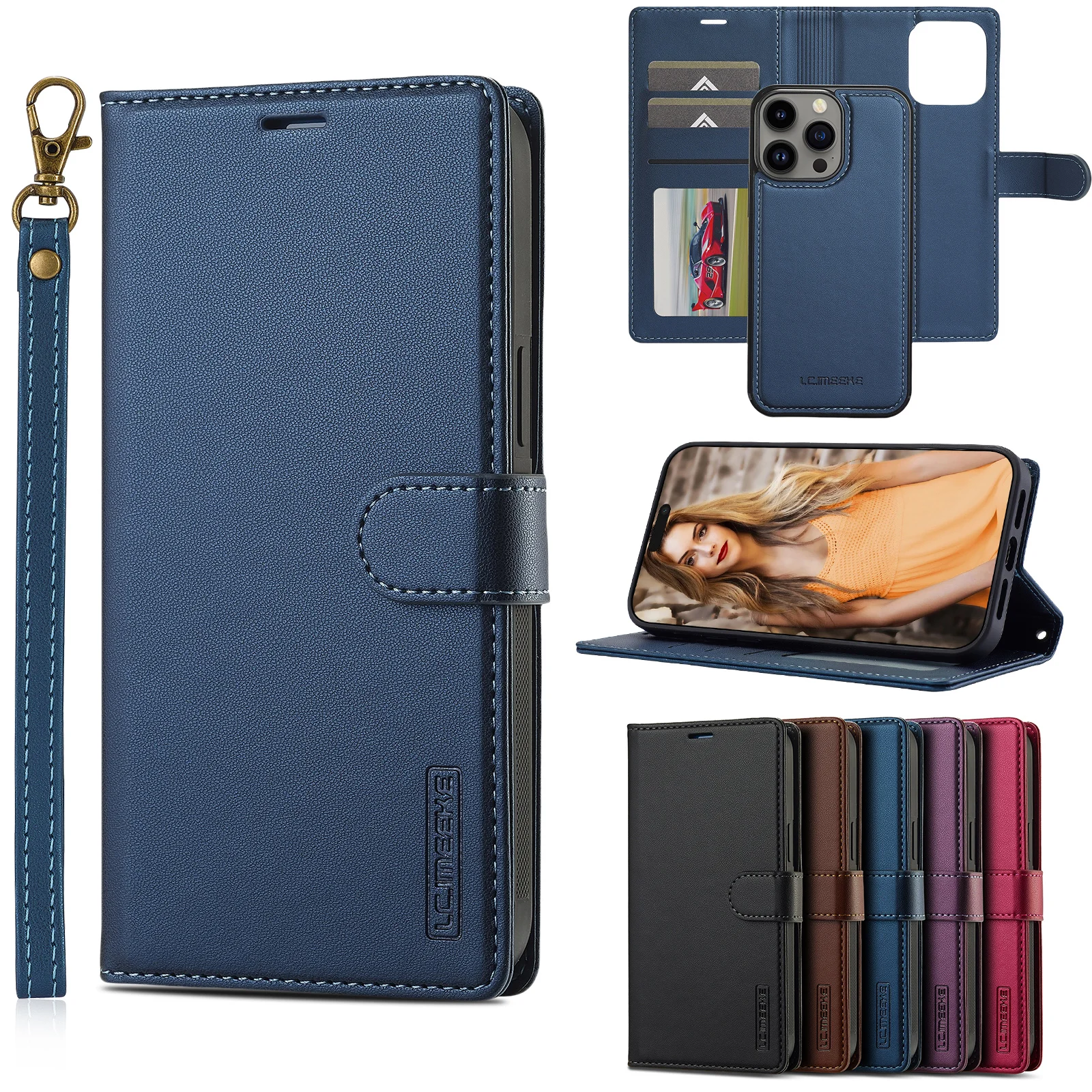 2 in 1 Removable Cards Solt Flip Leather Wallet Case For iPhone 15 Pro Max 14 Plus 16 13 12 11 SE 2022 XR XS Magnetic Bag Cover_voghion.com