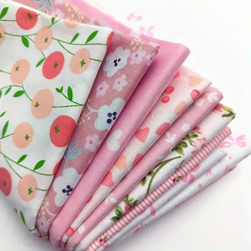 8-Piece Pink Floral Cotton Fabric Bundle - Pre-Cut for Sewing and DIY Crafts