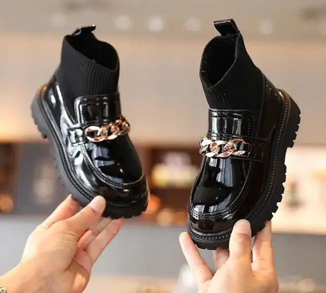 Girls Leather Boots Metal Chains Flying Woven Stitching Princess Boots 2024 Fashion Socks Boots Kids Leather Soft Boots Children 5