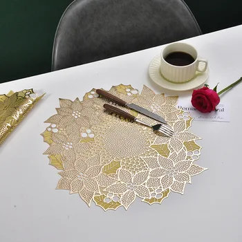 1pc Irregular Hollow Flower Placemat PVC Insulation Pad Hot Stamping Dining Table Decoration Mat Coffee Cup Coaster Tablecloth
