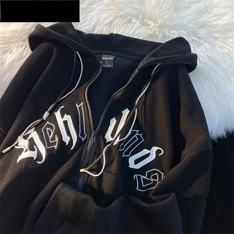 American Vintage Letter Embroidery Zipper Hooded Jacket Couple Loose Fashion Street Long Sleeve Cardigan Coat women jacket saint michael american tide brand embroidery clf letter destruction sweater casual couple loose high street oversized sweater