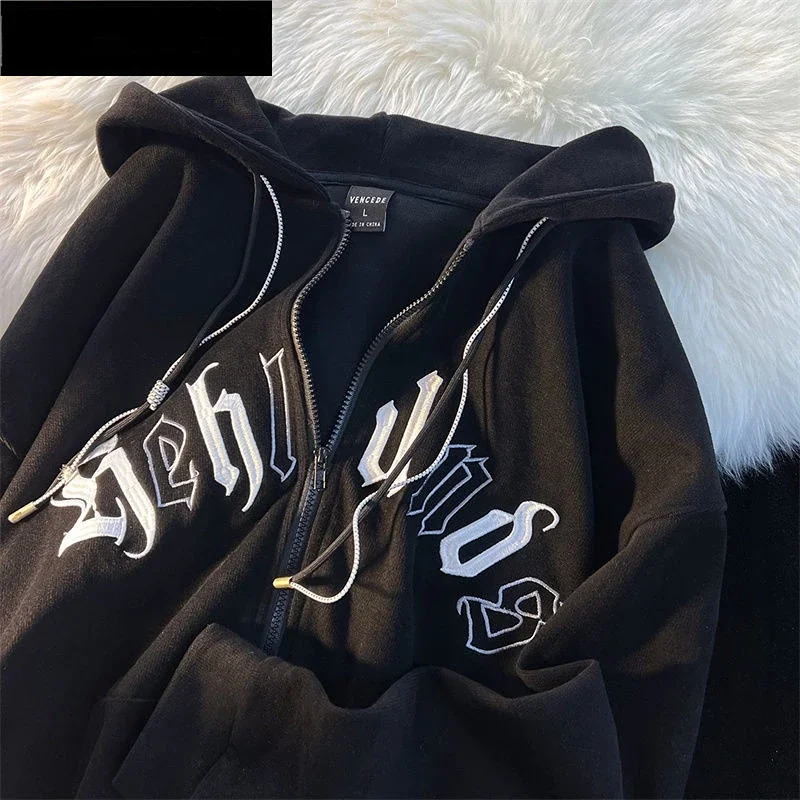 

American Vintage Letter Embroidery Zipper Hooded Jacket Couple Loose Fashion Street Long Sleeve Cardigan Coat women jacket