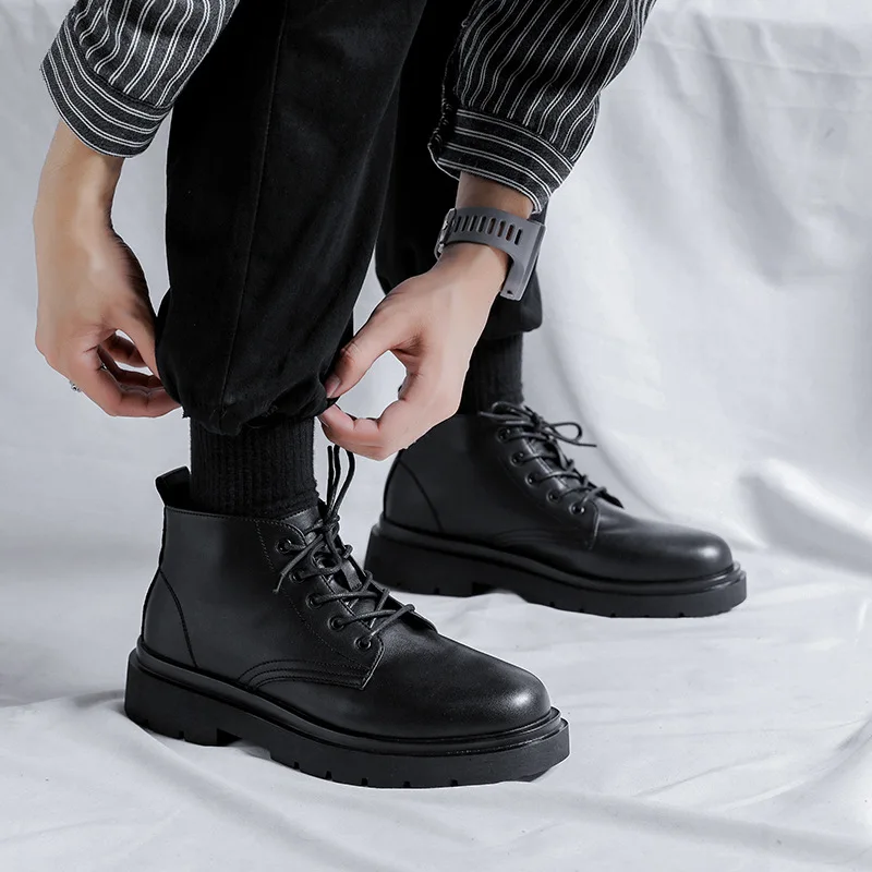 

men casual business office formal dress natural leather boots lace up platform shoe cowboy ankle boot spring autumn botas hombre