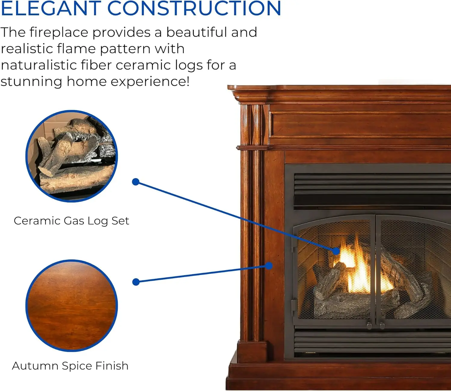 Dual Fuel Ventless Gas Fireplace System with Mantle Thermostat Control 6 Fire Logs Use with Natural Gas or Liquid Propane 2