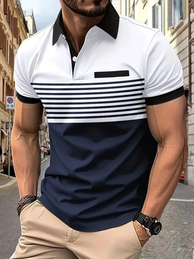 New Summer Striped 3D Printed Men's Polo T Shirt Fashion Lapel Button Zipper Top Hipster Trend Streetwear Short Sleeve Tops 11 S707bffb3153043b0b07c8db93b54b129d
