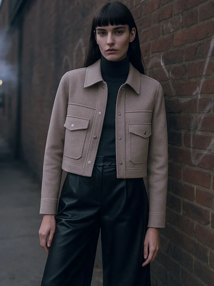 HH Women Vintage Solid Coat Front Pocket Long Sleeve Turn-Down Collar Bomber Jacket Autumn Casual Office Lady Outerwear