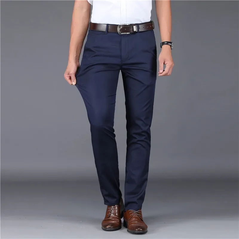 Summer Ultra-thin Mens Ice Silk Casual Pants Soft Comfortable Solid Color Elastic Business Straight Trousers Man Navy Blue Pants
