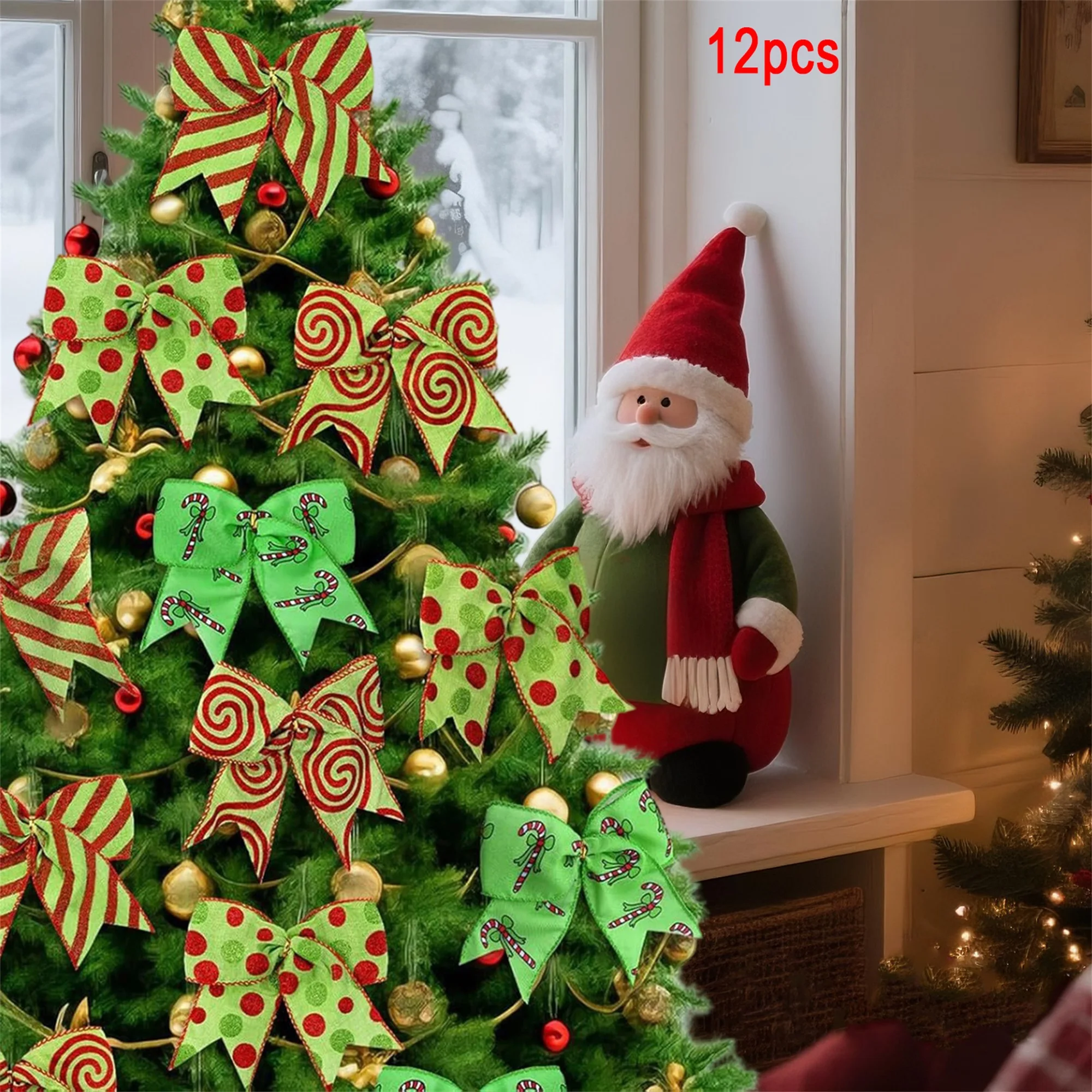 Set of 12 Festive Red and Green Bow Ornaments for Christmas Tree Decoration Perfect for Home Parties and Weddings