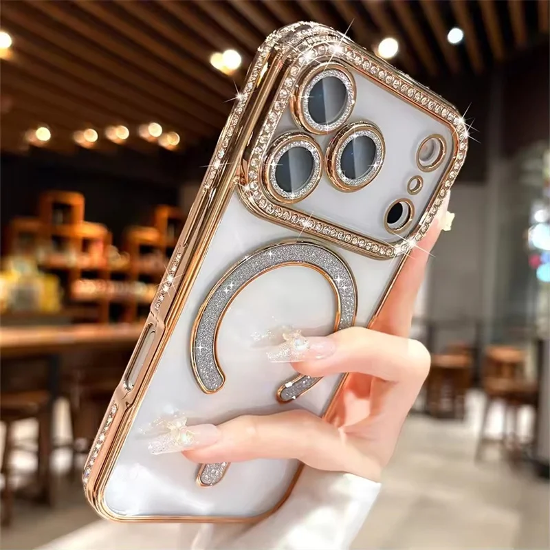 Premium Glitter Rhinestones Phone Case with Magnetic Clear Lens Protector