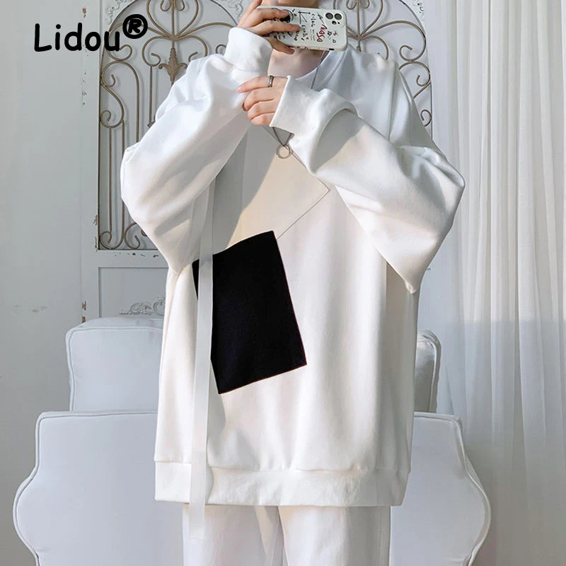 Spring Autumn Patchwork Korean Fashion Casual Sweatshirt Man Long Sleeve All Match Male Pullover Tops Loose Streetwear Clothes