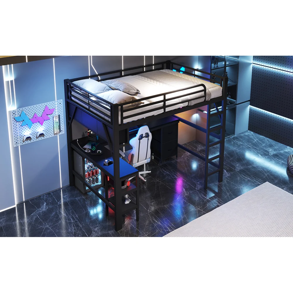 140 x 200 cm modernes Metall-Hochbett für Spiele mit Bücherregal, Kinder-Etagenbett mit Schreibtisch und Kleiderschrank, USB- und LED-Beleuchtung, weiß – Detail 33