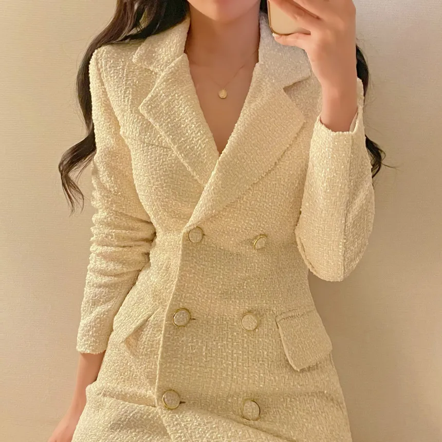 Autumn Winter Elegant Tweed Blazer Dress Double Breasted Slim Short Dresses for Women Korean Fashion Office Lady Coat Dress New
