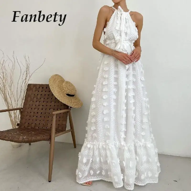 

Casual Women Big Backless Halter Long Dress 2024 Elegant Loose Ruffles Dresses Spring Summer Solid Off Shoulder A-line Dress