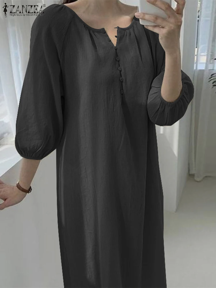 

ZANZEA Women Casual Dresses Loose 3/4 Sleeve Long Dress 2023 Spring Fashion Round Neck Vestidos Holiday Solid Color Midi Robes