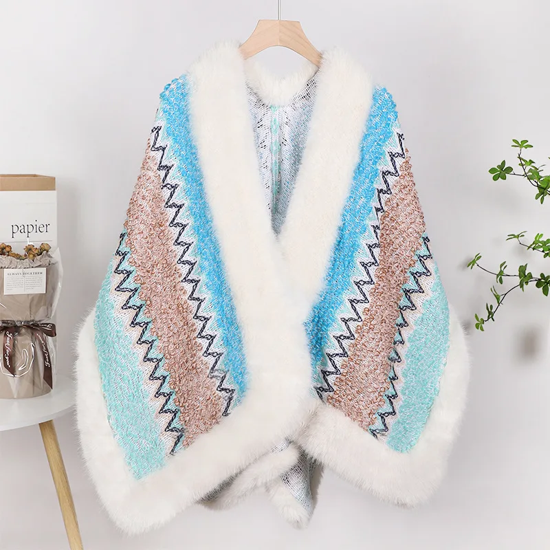 

2024 зимнее пончо из искусственного кашемира свободная облегающая уличная одежда женская шаль с длинным рукавом накидки с мехом Женский вязаный шарф