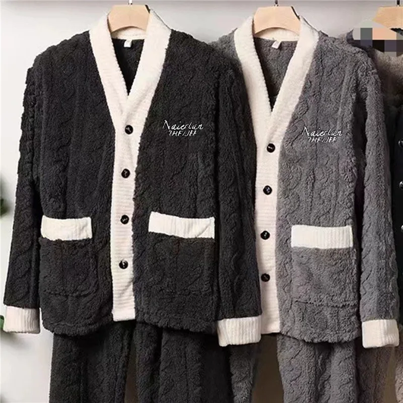 New Men's Warm Pajama Sets Autumn Winter Thick 2 Piece Set Flannel Sleepwear Loose Long Sleeve Solid Homewear Home Clothes Sets