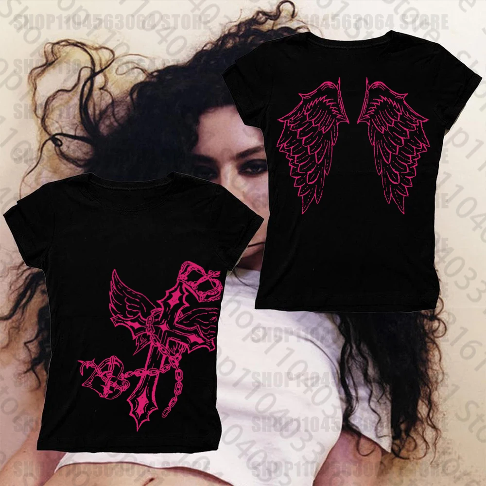 Camiseta de Manga Corta para Mujer Estilo Y2K, Estética Urbana Americana, Harajuku, Gótica, Cuello Redondo, Estampado Geométrico, Informal