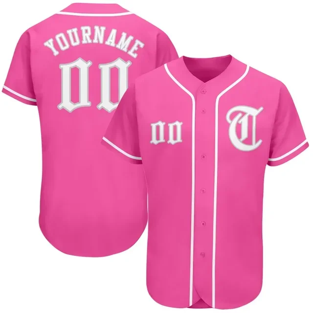 Customize Couples Baseball Jersey Embroidery Name/Number Short Sleeve Hip Hop Streetwear for Men/Lady/Kids Pink Shirt