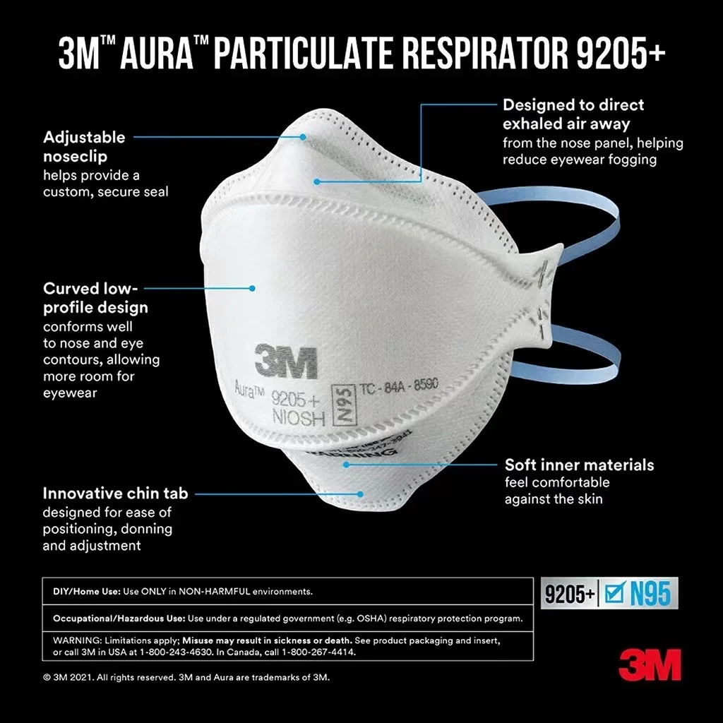 Masque 3M 9205+ Aura N95 NIOSH présenté dans son emballage individuel, idéal pour une protection respiratoire fiable.