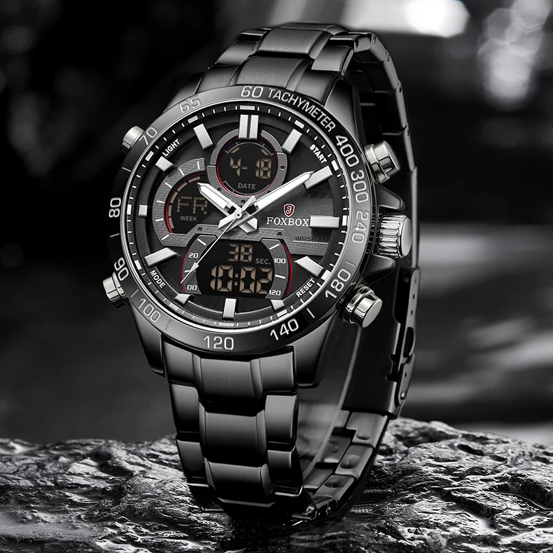 FOXBOX Men's Fashion Business Quartz Analog Digital Wristwatch Stainless Steel Luminous Chronograph Man Watch Relogio Masculino