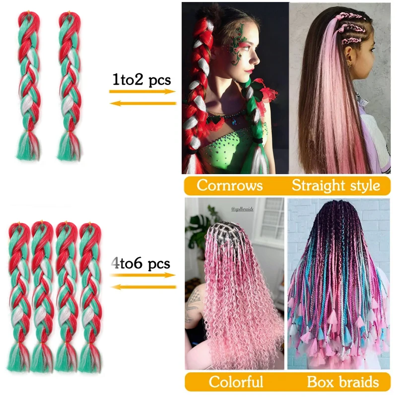 24 Inch Giant Ombre Rainbow Mixed Color Women's Braided Extension High Temperature Synthetic Fiber for Christmas Carnival Party