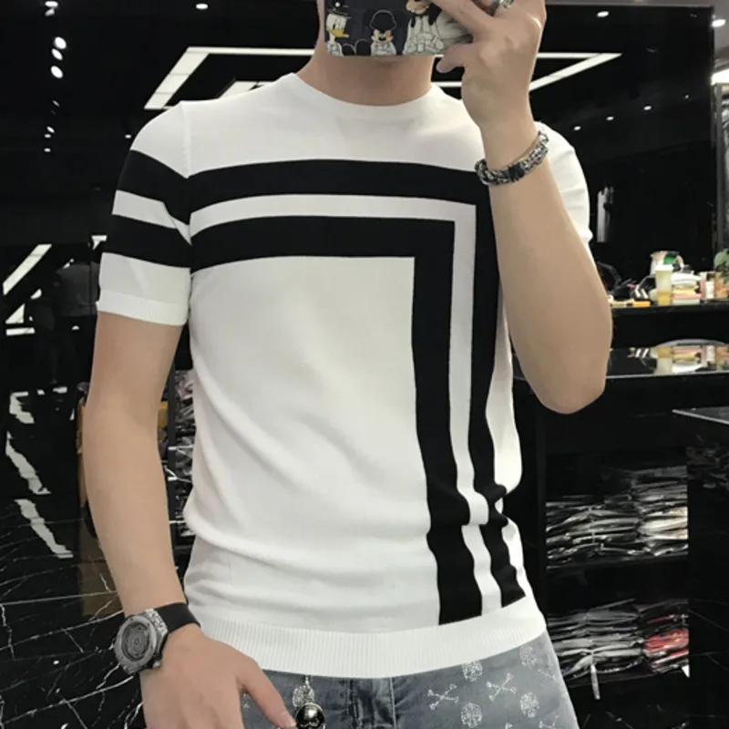 

2022 Summer Patchwork Color Slim Fit Knitted T Shirt Men O-Neck Stretched Tee Shirt Homme Streetwear Fashion Men Casual T-Shirt