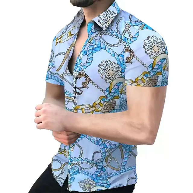 Fashion Nation Style Summer Man's Shirt 3D Printing Stand Collar Single-Breasted Short Sleeve Loose Hawaiian Henley Casual Shirt Short Blue