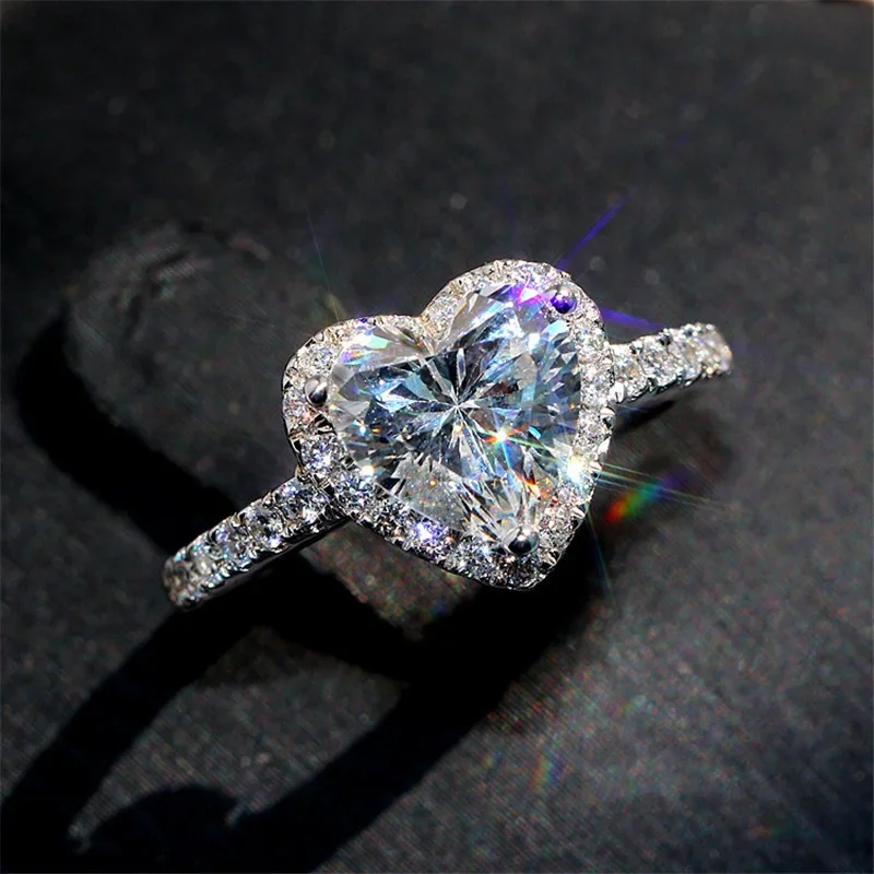 Womens Ring Luxury Silver Color Heart Ring Inlaid White Zircon Stones For Women Wedding Engagement