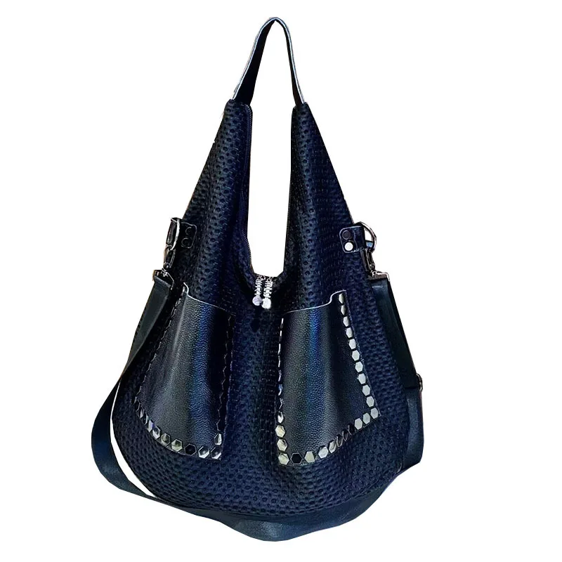 Shoulder Crossbody Tote Women's Bag Y2k New Genuine Leather Head Layer Cowhide Bucket Versatile Underarm Large Capacity Retro