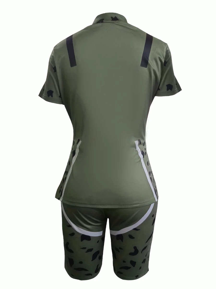 Sporty Leopard Print Patchwork Army Green Two Piece Shorts Set High Street Short Sleeve Top