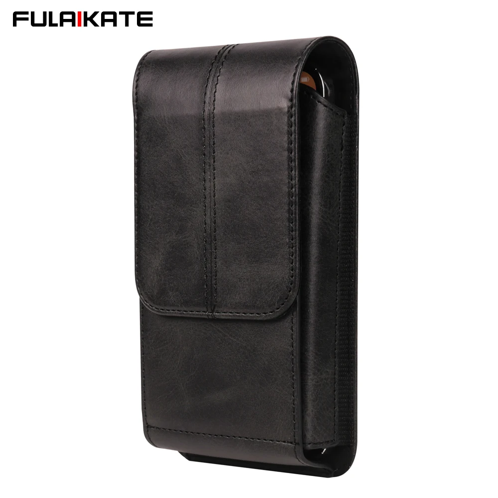 Men's Leather Vertical Waist Phone Pouch - Crazy Horse Design