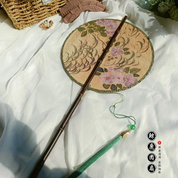 Printed Black Bamboo Long Handle Waist Fan Foldable Rotating Circular Fan Photo Props