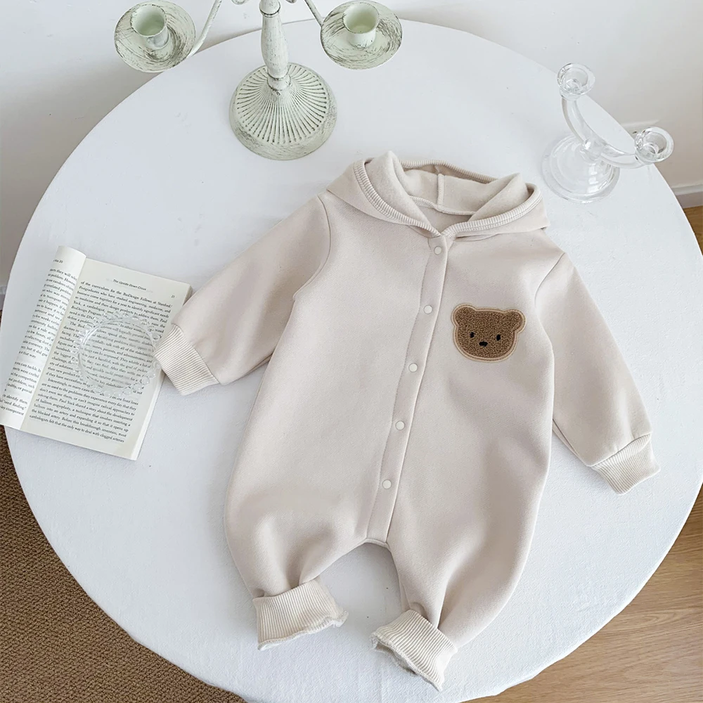 Personalized Embroidery Baby Bodysuit Thickened Autumn and Winter Bear Creeper Newborn Name Fleece Creeper