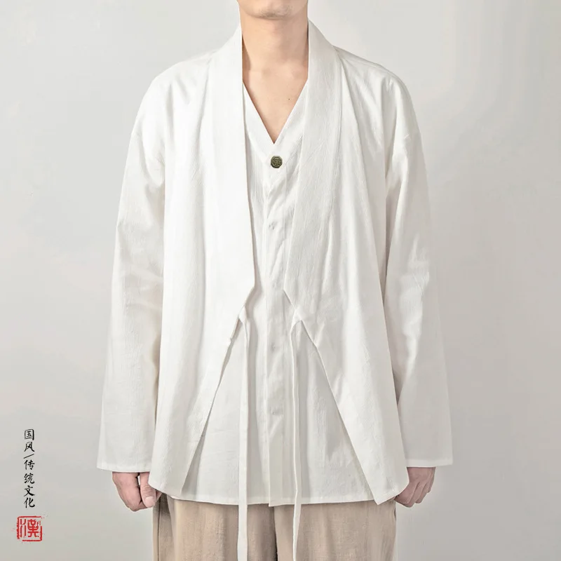 Spring Men Linen Shirt Jacket Men Fake Two-Layer Shirt Vintage Chinese Style Long Sleeve Shirts Male Open Stitch Hanfu