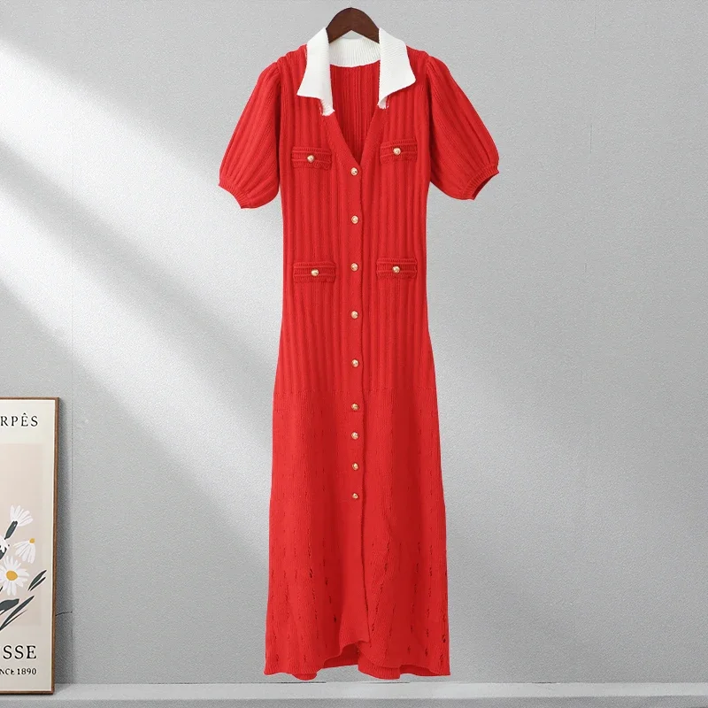 V-Neck Knit Contrast Long Dress Women Hollow Out Lapel Fashion High Waist Elegant Party Dress Knitwear Ladies Maxi Dress