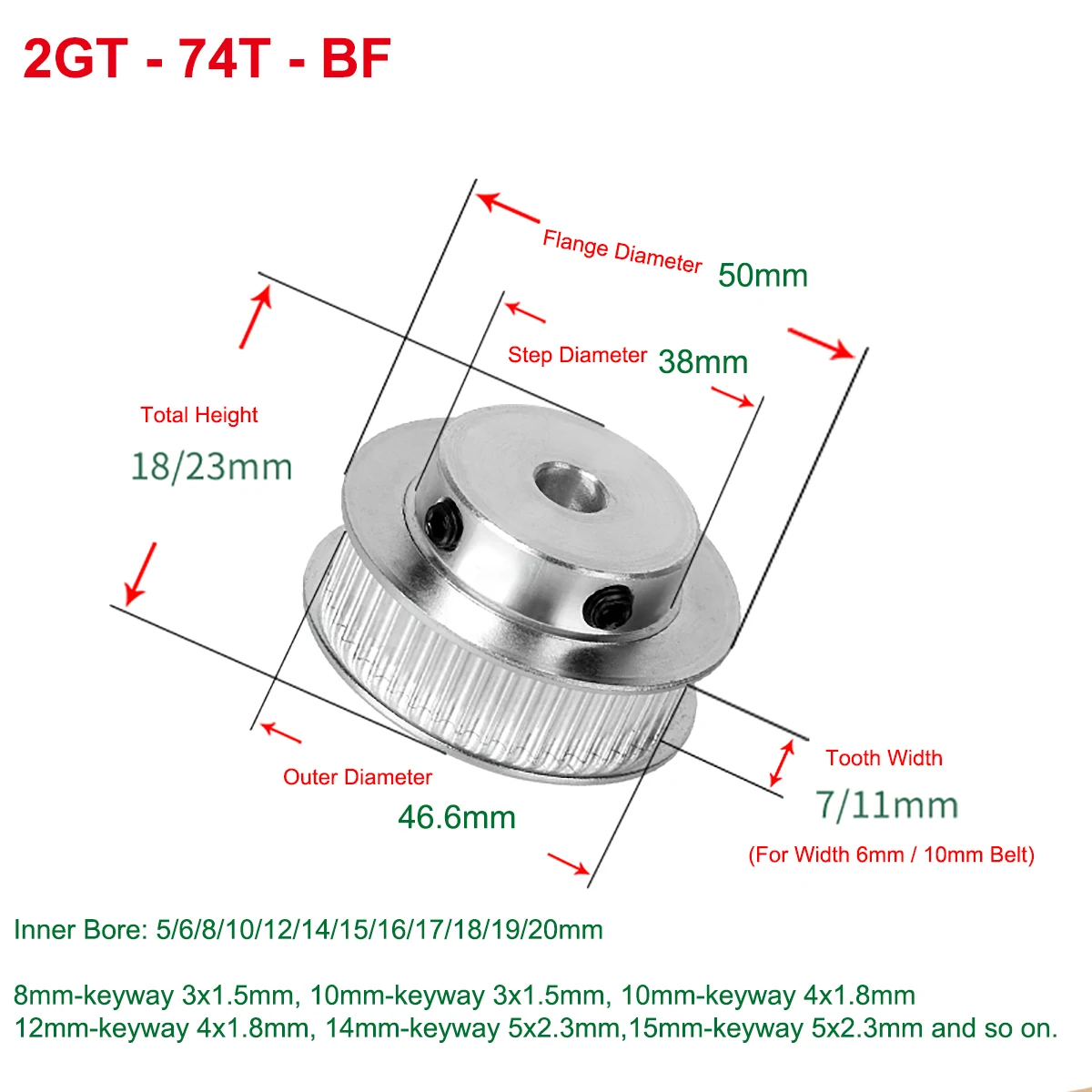 

2GT 74T Timing Pulley Bore 5/6/8/10/12/14/15/20mm BF keyway Synchronous Wheel For Width 6/10mm GT2 Timing Belt 3D Printer Parts